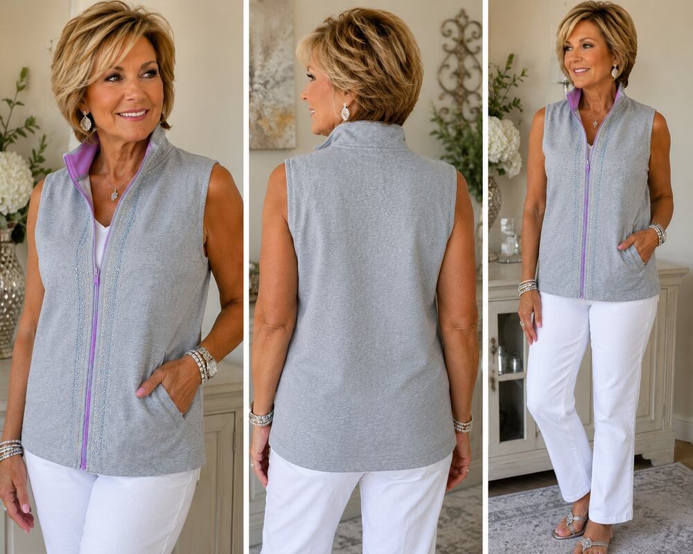 Quacker Factory Gray Rhinestone Zip Front Vest Sleeveless Purple Trim Women's L